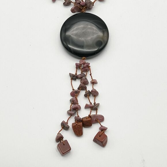 Mauve Stone Chip 3 Strand Polished Black Stone Pendant Tassel Boho Necklace 25” - Picture 3 of 12